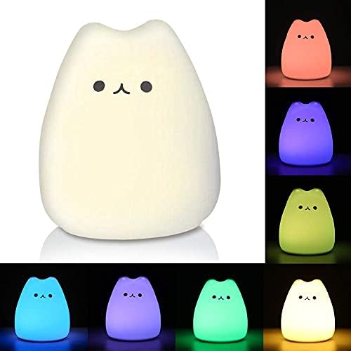 LUNSY Cat noćno svjetlo, LED slatka silikonska lampa za mačke sa promjenom boje kontrola slavine na baterije za djecu djevojčica djeca