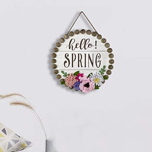 Domorodni proljetni ukrasi Hello Spring Wall znak 3D Tkanina Cvijeće Zidna plaka Rustikalna seoska kuća Drvena ukrasa Okrugla Vintage