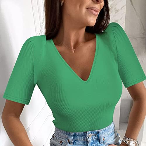 Ženski vrhovi puffne rukave pune boje V-izrez Loose Comfy kratke hlače Bluze za žene ugrađene majice pulover