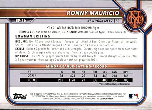 2022 Bowman izgledi BP-16 Ronny Mauricio New York Mets MLB bejzbol trgovačka kartica