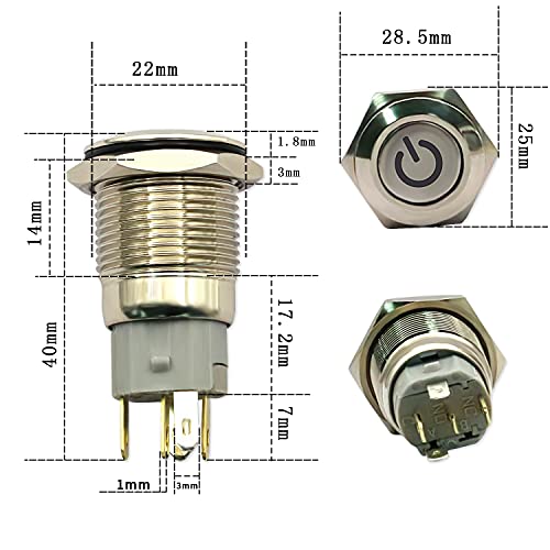 Dafurui 22 mm Vodootporan zasun za zatvaranje metala gumni gumb prekidač DC12V uključen dugme Srebrni nehrđajući čelik sa LED pogodnim