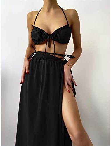 Žene Vezati 3 Komad Bikini Set Pertle Up Halter Šifon Cover Up Suknja Kupaćim Kostimima Strappy Ruched Kupaći Kostim