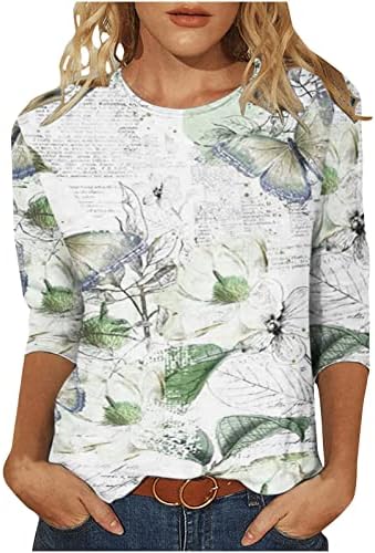 Žene 3/4 rukava vrhovi na vrhu cvjetnog pisma ispisane bluze okrugle vrat modne majice 2023 Proljetna ljetna odjeća