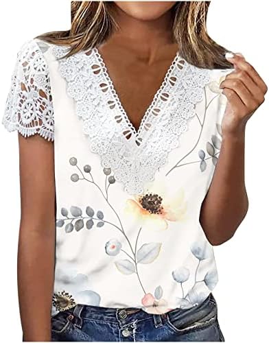 Ljetni elegantni vrhovi za žene čipke obloga V izrez cvjetni ispisani majica kratkih rukava casual trendi majica