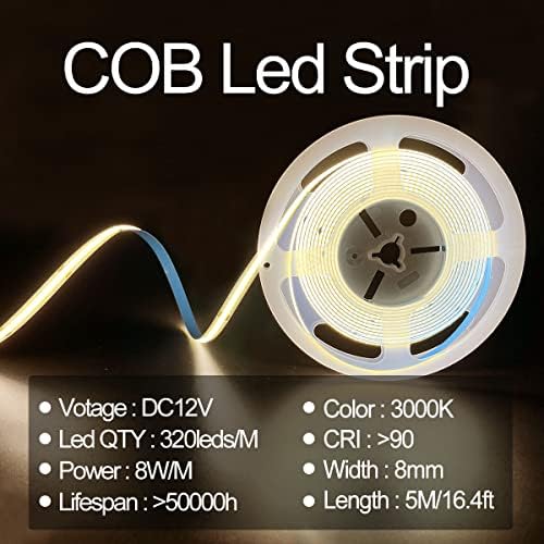 HAMRVL COB LED striptiz svjetla toplo bijela 3000K, dc12v 16,4ft / 5m 320leds / m CRI90 svijetla fleksibilna LED traka 8mm, za unutarnji