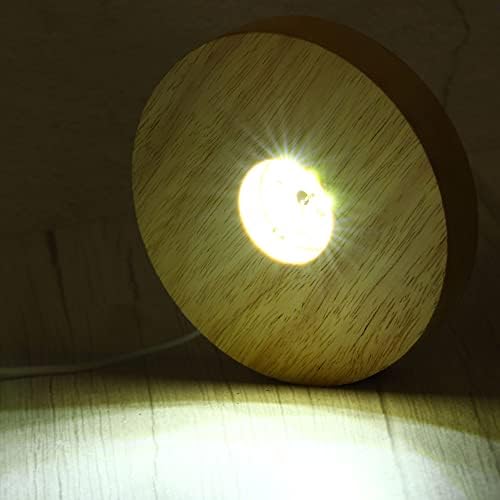 PATIKIL drveni LED svjetlosni stalak, okrugli drveni 4,72 Dia Bijela svjetla Postolja za prikaz kristalnih staklenih umjetničkih ukrasa, boja drveta