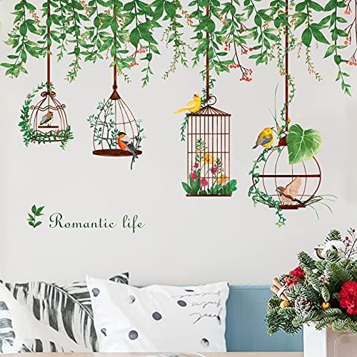 Zidne naljepnice od grana cvjetne loze sa kavezom za ptice, šarene ptice zelene biljke zidne naljepnice, cvijeće leteća ptica DIY