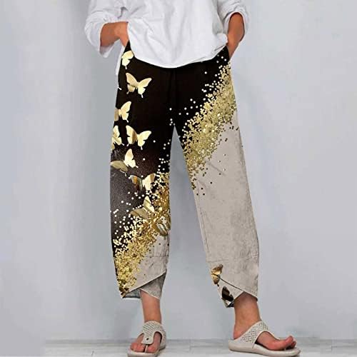 Planene posteljine za žene za žene obrezane široke pantalone za noge s džepovima ljetni leptir Ispis vrećice Capri hlače harem hlače