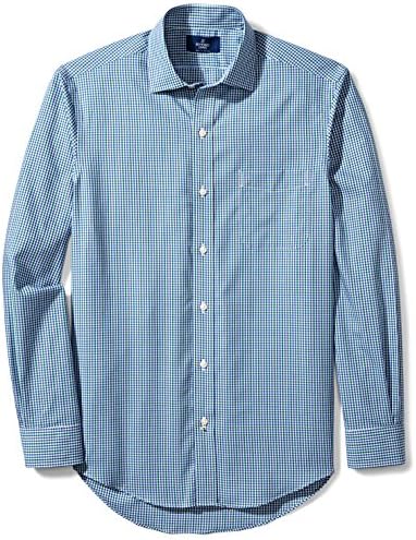 Dutak muške muške klasične pamučne košulje od pamučne košulje bez gvožđe, zelena / plava Gingham, 17 vrat 33 rukav