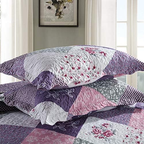 Maiufun Quilts King size Setovi prekrivača, reverzibilni ljubičasti cvjetni patchwork uzorci, lagani trodijelni posteljina prekrivač