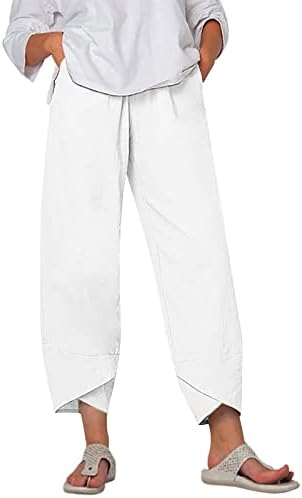 MTSDJSKF pamučne pantalone za žene, široko noga elastični struk udobne posteljine kapriju pant s džepovima Istezanje hlača za žene