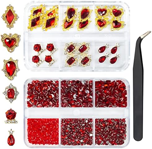24kom crveni Luksuzni Privjesci za nokte +2000kom Ruby Red Rhinestones 3D veliki dragulji za nokte K9 staklo kristali za nokte dijamanti