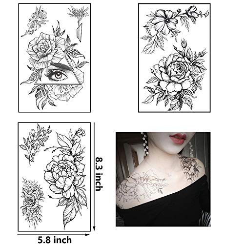 Ružine cvijeće Privremene naljepnice za tetovaže za žene Odrasli seksi crna cvjetna tetovaža Velike realne lažne tetovaže vodootporne