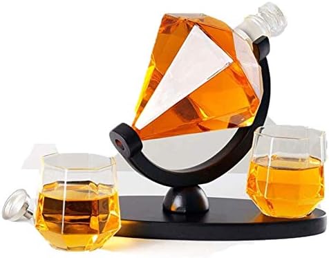 Creative Whisky Decanter Globe Set, stakleno posuđe dijamantskog oblika, sa 2 čaše i drvenim baznim čašama za viski