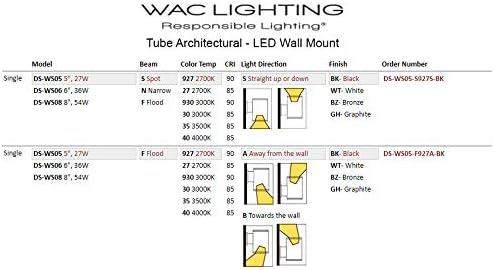 WAC rasvjeta DS-WS06-F927A-BK cijev arhitektonska-6 inča 42W 2700K 90 CRI 1 LED poplava jednostrani zidni nosač dalje od zida, Temperatura boje: 2700k w / 90 CRI-toplo svjetlo, opcije napona: 277