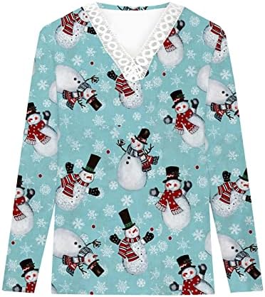 Božićni tiskovi za žene Crochet čipke TRIM V izrez T košulje Casual Jesen Floral Slatka pulover Majice