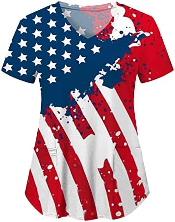 4. jula majice za žene američka zastava ljetni kratki rukav V izrez majica sa 2 džepa bluza Top Holiday Casual Workwear