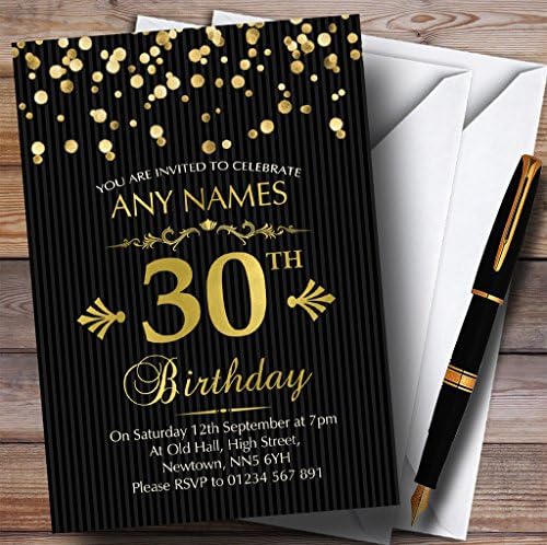 Zlatni konfetti crne prugaste 30. Pozivnice personaliziranih rođendana