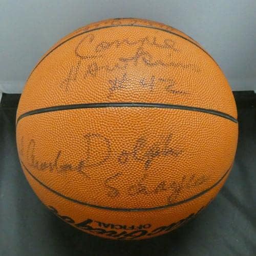 Abdul Jabbar Dr. J Auerbach Hawkins Schayes Cousy potpisao loptu sa punim JSA pismo - autogramirane košarkama