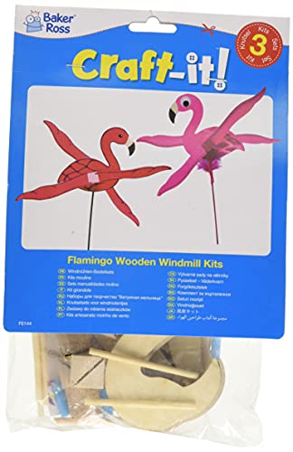 Baker Ross FE144 Flamingo drveni kompleti Vjetrenjača-pakovanje od 3 komada, za djecu umjetnički i zanatski projekti, drveni zanati