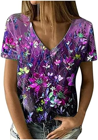 Ljetna jesenska majica djevojke 2023 kratki rukav pamuk duboki V vrat grafički Print cvjetni Salon Top Tee za žene GB GB