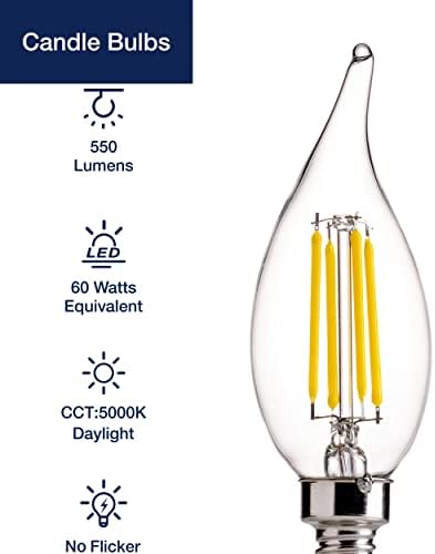 FLSNT LED luster sijalice, CA11 kandelabra LED Sijalice 60W ekvivalentno, 5000k dnevno svjetlo, E12 baza, 550LM, 5.5 W, 90+ visoki