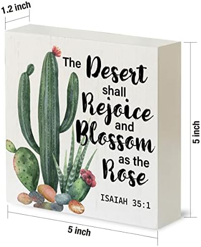 Država Izaiah 35: 1 Biblijska versija Wood Box Potpiši Rustikalni kaktus i sočna drvena kutija potpisuje ukrasni ljetni znak blok plaketa za kućni stol stol polica dekor 5 x 5