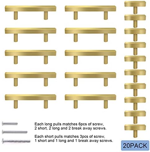 Sunriver 20 paketa šuplje brušene mjere Zlatne kvadratne ormariće povlače 10pcs Ormari za zlatne hardvere povlače 5 i 10pcs od nehrđajućeg čelika 2 Ormar za ručke T Bar vuče za kupaonicu