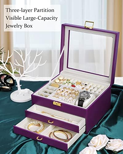 SIMBOOM kutije za nakit za žene sa staklenim poklopcem, 3slojni nakit Organizator, nakit sa 2 ladice, nakit za skladištenje nakita