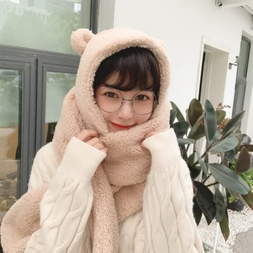 Žene Kawaii Beand Ear Beanie Šal 2 u 1 - Slatka zimska toplo Sherpa zgušnjava Fuzzy Japanski Fluffy Knit kapica