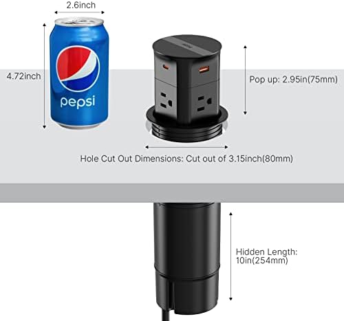 Pop up utičnicu za protutop, PD 20W USB C brz punjenje, 3,15 Stolna Gromet Power Station, 4 utičnice, 4-USB, kuhinjski otok Pop up električni otvor, kabl udubljeni, crni