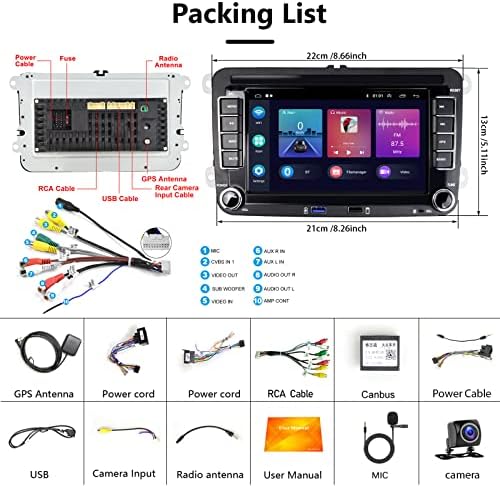 Android Double Din Car Stereo Radio sa bežičnim Apple Carplay Android Auto za VW Passat Jetta Golf Touran Seat, 7 inčni zaslon osjetljiv na dodir sa USB Bluetooth GPS navigacijom WiFi HiFi SWC Backup Backup kamera