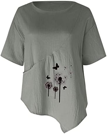 Ljetni vrhovi za žene pamučni posteljina kratki rukav džep za trčanje Trendy Dandelion Print CrewNeck Tunnic majica bluza