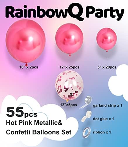 Rainbowq 55pcs Hot Pink Metalni baloni Različite veličine 18/12/5 inča i fuchsia Confetti Baloni Shiny Latex helijum baloni za obljetnice