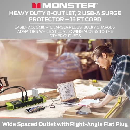 Monster radionica Garaža Heavy-dužnost zaštitnik od prenapona - montirajuća široka široka 8 uzemljena AC i 2 USB-a otvori sa 14ftnim