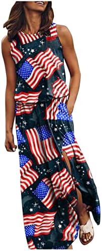 4. jula Haljine za žene Ležerne American zastava Long Maxi haljina Boho rukava bez rukava Sredstvo za plažu sa džepom