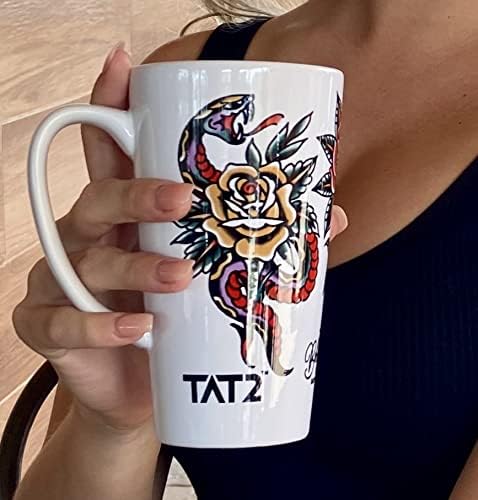 TAT2 16oz šolja za kafu s tradicionalnom tetovažom, zmija, ruža, dove tetovaže Bobby Ellis iz pobjede u Daytona Beach Florida, 16cm-bobbyellis