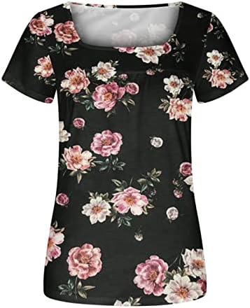 Camiseta Cuello Cuadrado 2023 para mujer Blusa Manga Corta A La Moda Camiseta Holgada Con Estampado de Flores Túnica