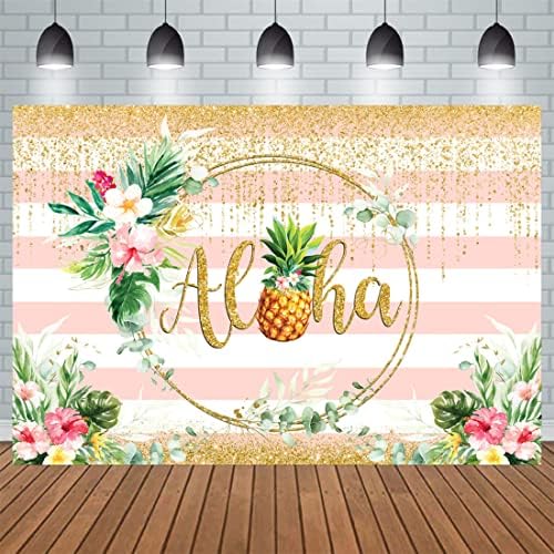Aloha Baby tuš pozadina, ružičaste i bijele pruge prsten cvjetni Tropski ananas zlatne tačke zeleni palmino lišće akvarel ružičasto