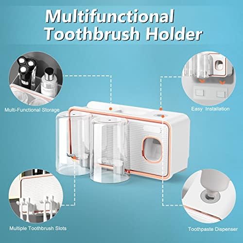 Držači za zube za kupaonice, 2 šalice držača četkica za zube zid montiran sa raspršivačem paste za zube, kozmetički ormar velikih