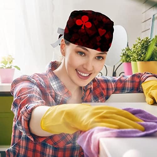 Dvokrevetna medicinska sestra kape za čišćenje Žene duge kose, crveni poker Print Podesiva radna kapa s gumbom i dunkama