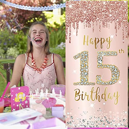Happy 15th Birthday Banner dekoracije za djevojčice, Pink Rose Gold 15 Birthday Party Backdrop Cover sign Supplies, petnaest godina