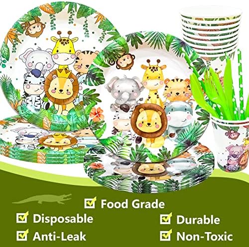 Safari rođendanske dekoracije uključuju banner, balone, čaše, salvete, ploče, stolkover i pozadinu, safari dekorati za tuširanje za