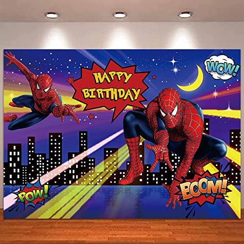 7x5ft Red Spiderman Sretan rođendan Photoshoot pozadini superheroj Spider Man City Night Scene momci Rođendanska zabava Photo Backdrop