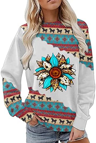 Ženski Vintage Grafički Vrhovi Suncokretov Štampani Crewneck Dugi Rukavi Duksevi Casual Loose Fit Pulover Bluza