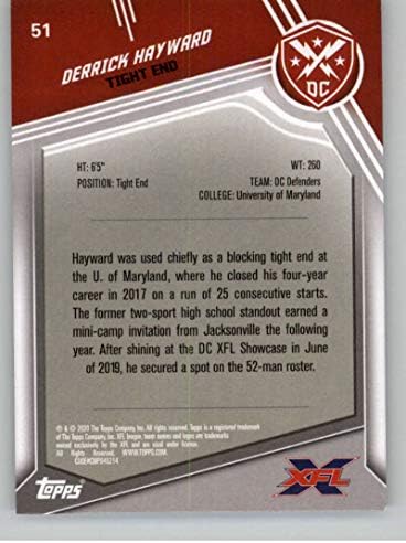 2020 TOPPS XFL 51 Derrick Hayward RC Rookie DC Fudbalska trgovačka kartica