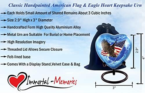 Immortalna sjećanja Američka slava srce urnu, zastava s orlom mini urna za pepeo, uzdižući patriotski minaturni štand, baršun futrola