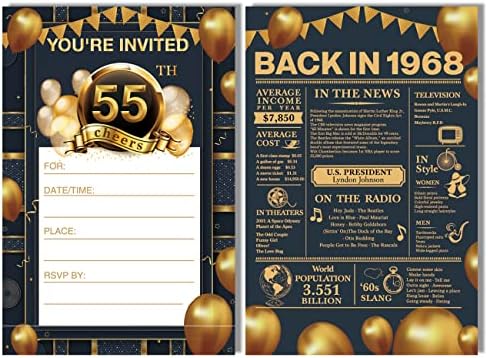 Yigae Real Gold Foil 55. rođendan Poziv za rođendan, povratak 1968. poziva na crne i zlatne Glitter 55. rođendanske pozivnice za rođendan