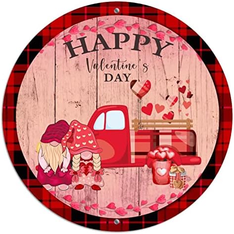 Okrugli metalni valentinovo vijenac znakovi gnome kamion crveni srčani bivolski plastirani drveni zrno kosični potpisnica zid umjetnost rustikalni metalni vijenac Sit za kućnu kabinu na otvorenom dekor 9 inča