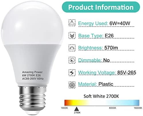 Amazing power E26 LED sijalica, 40W ekvivalentna Srednja bazna sijalica, bez zatamnjivanja, meka Bijela 2700k, 6w svijetlo bijele